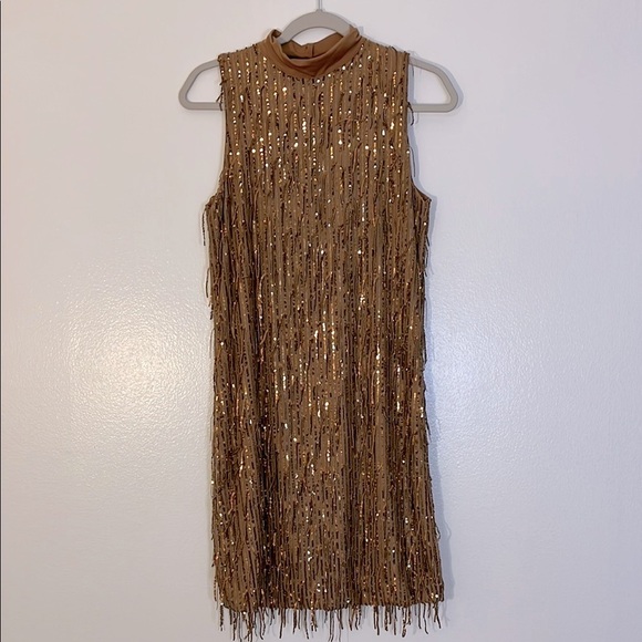 Carla Conti Dresses & Skirts - Carla Conti | Sequin gold/copper fringe mesh overlay mini dress Women’s size S